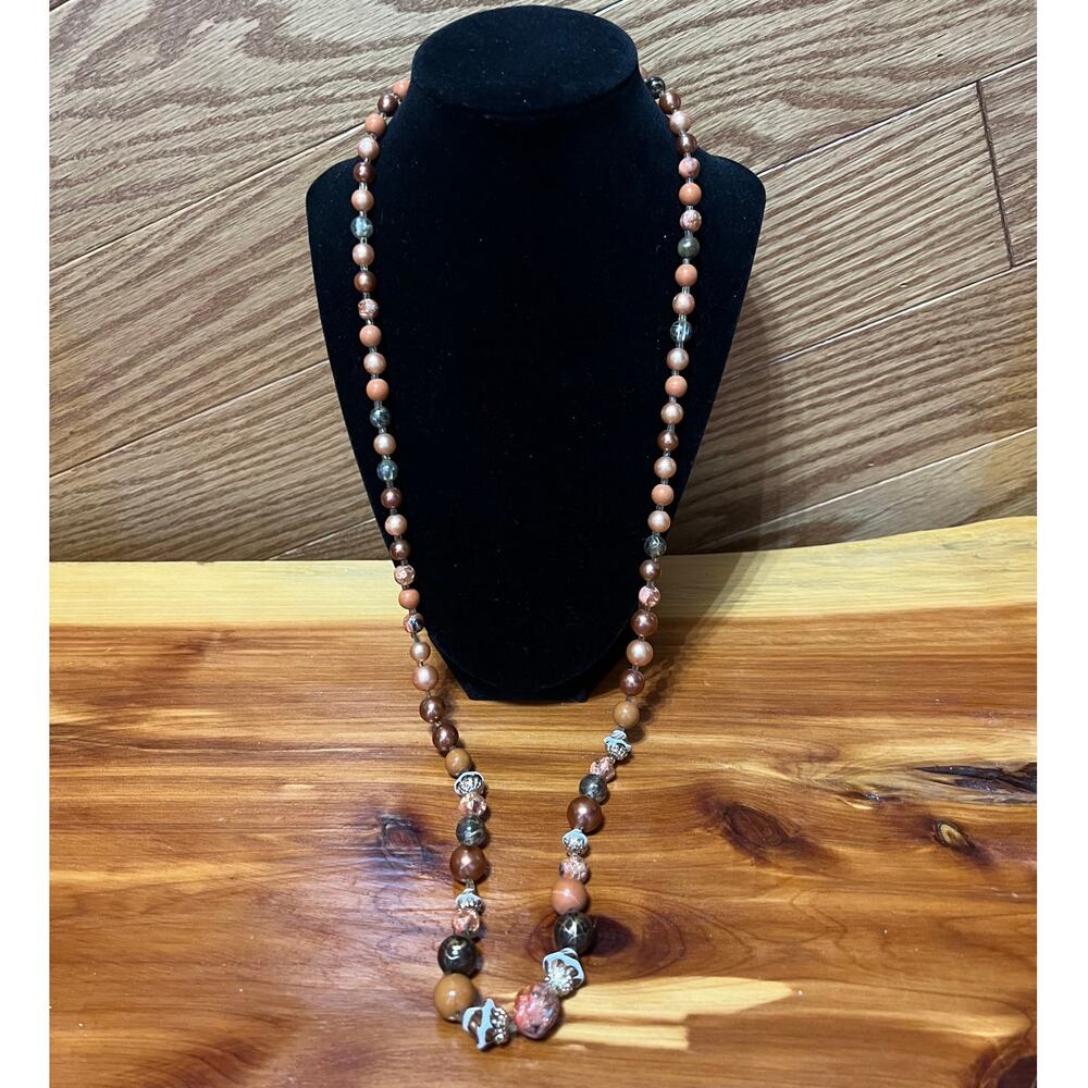 Vintage‎ Textured Beaded Earth Tone Hues Long Necklace Layering Jewelry 16 Inch